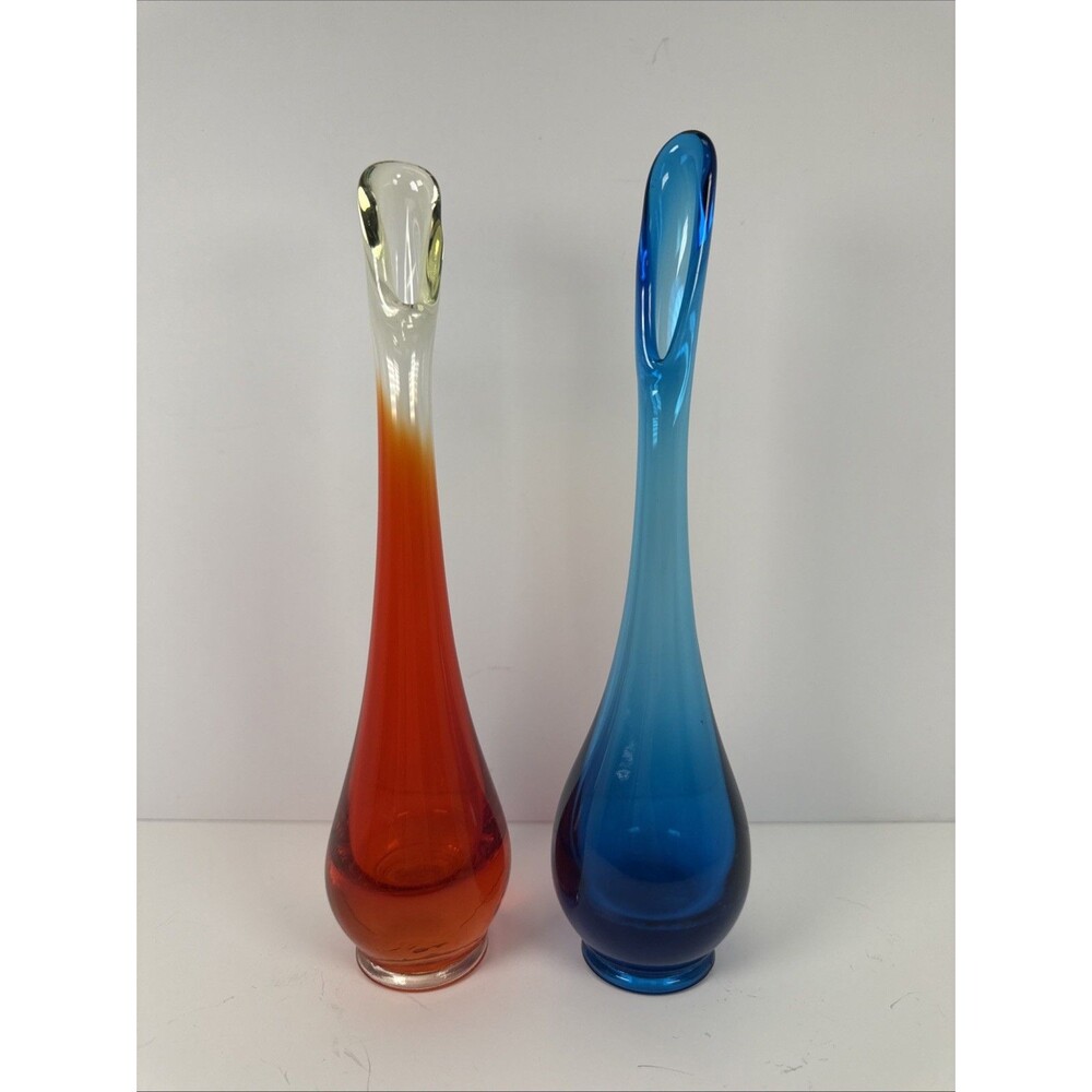 2x Viking Blue And Orange/Red Smooth Swung Bud Vase 9.5in